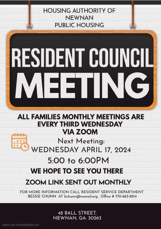 Resident Council Meeting Flyer. All information from this flyer is listed below.